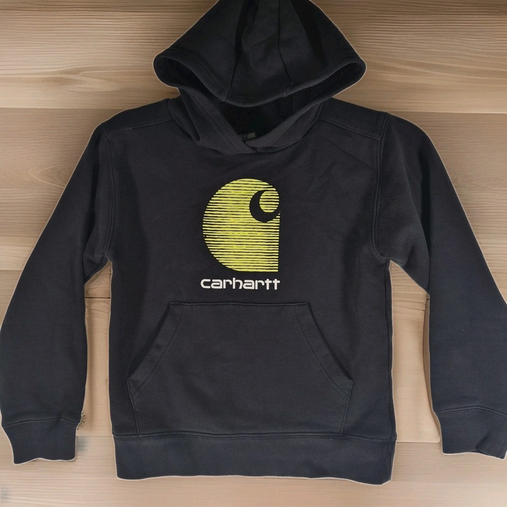 Carhartt Boys Hoodie Size 8-10 Small Black Logo Pullover Sweatshirt Workwear